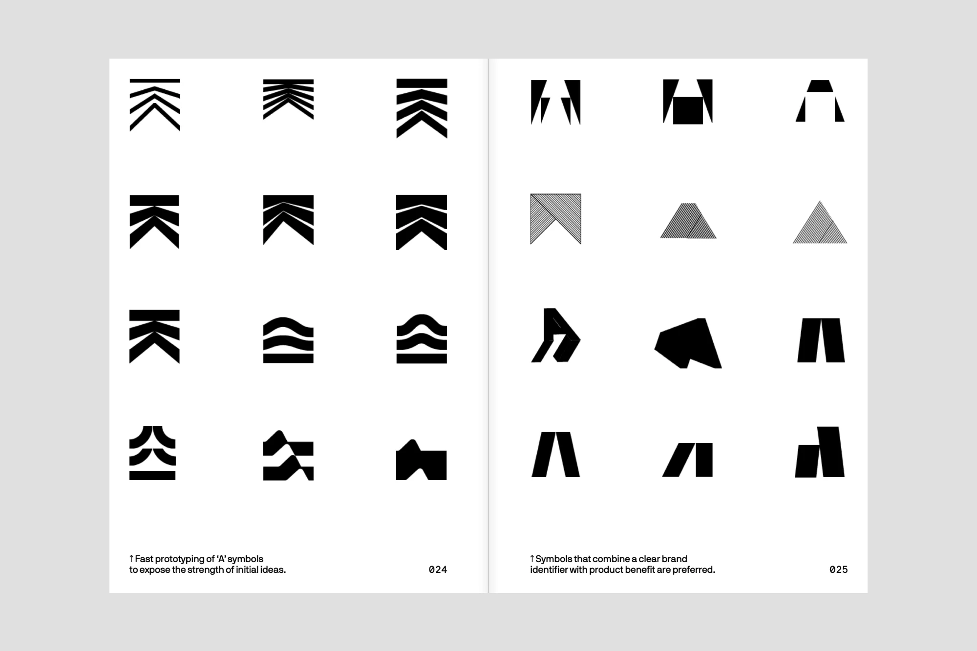 Spread 024-025 — grid of black A forms, fast prototyping