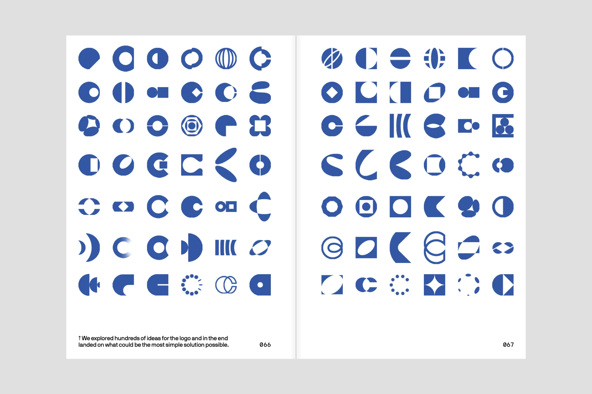 Spread 066-067 — 84 blue circular logo explorations, 7 rows of 6