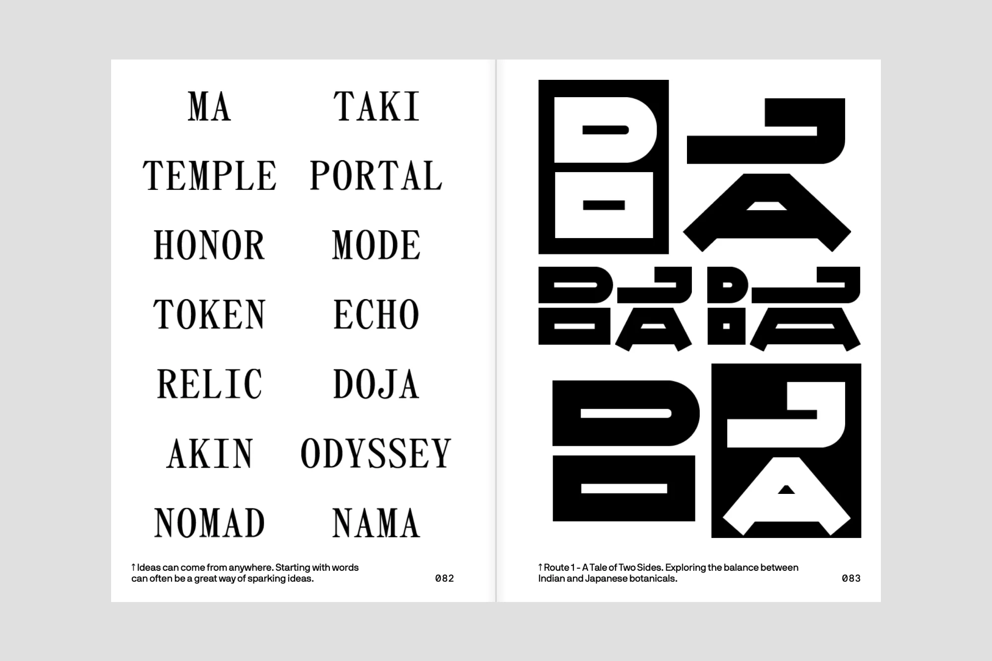 Spread 082 — list of 14 words in serif, two columns